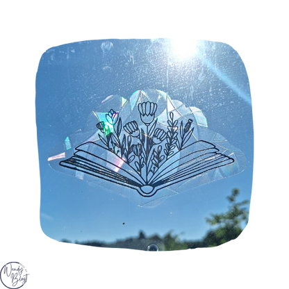 Raamsticker op statische regenboogfolie - Open boek met bloemen